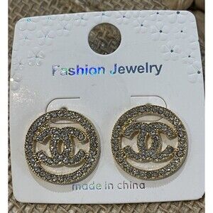 Interlocking C Pave' Rhinestone Crystal Bling Gold Tone Push Back Earrings NEW
